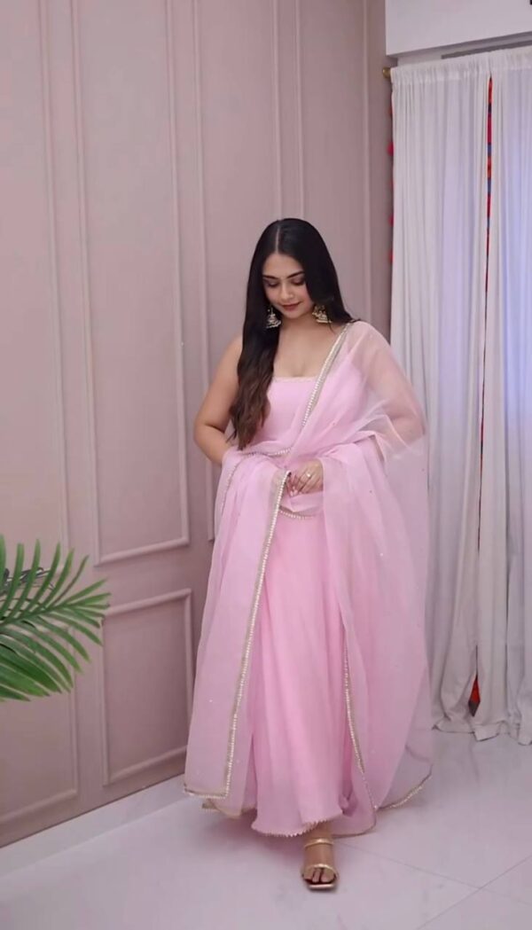 Faux Georgette Embroidered Gown Set with Dupatta - Image 2