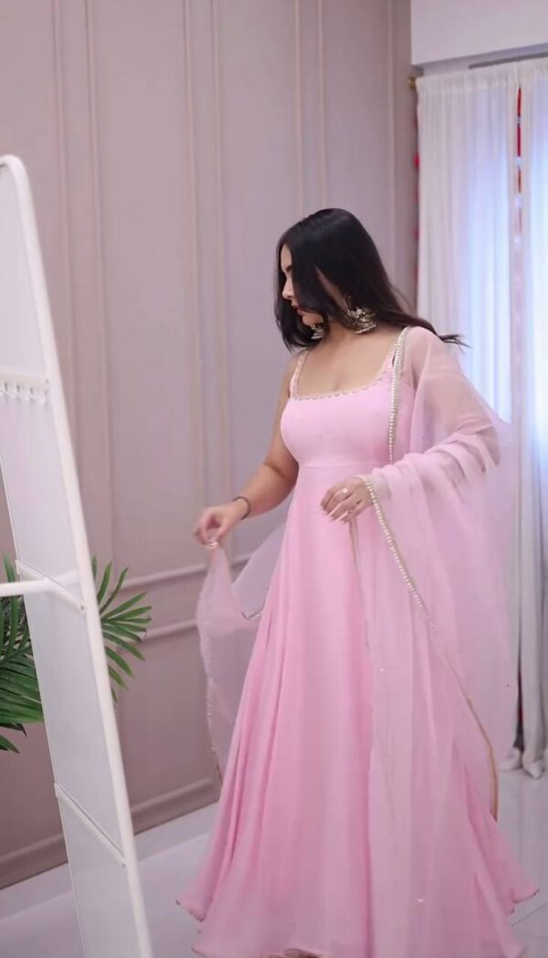Faux Georgette Embroidered Gown Set with Dupatta - Image 4
