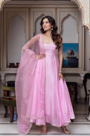 Faux Georgette Embroidered Gown Set with Dupatta