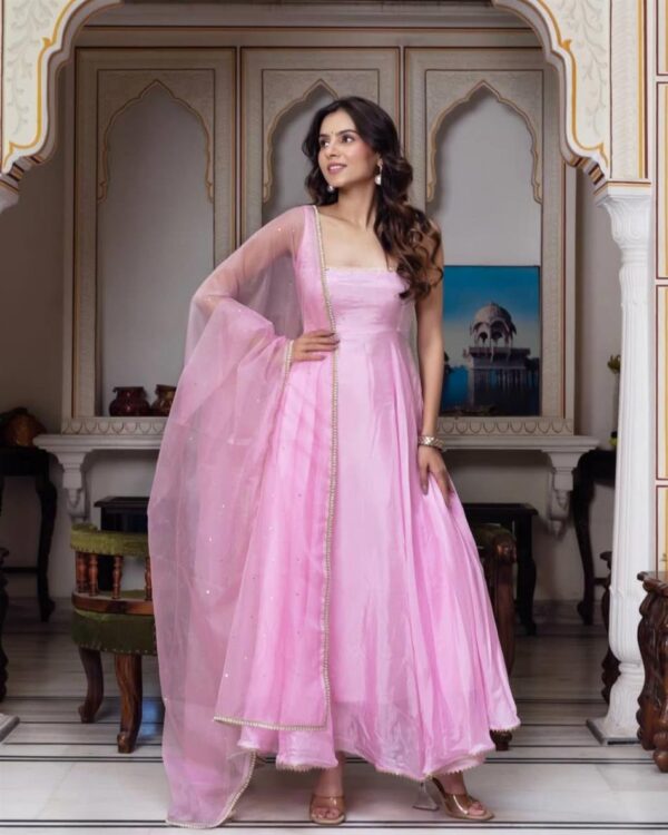 Faux Georgette Embroidered Gown Set with Dupatta