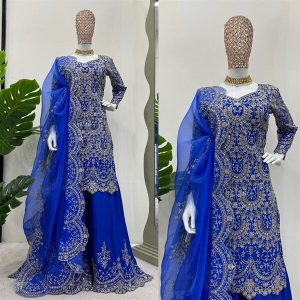 Chinon Silk Embroidered Plazo Set with Organza Cutwork Dupatta - Image 2