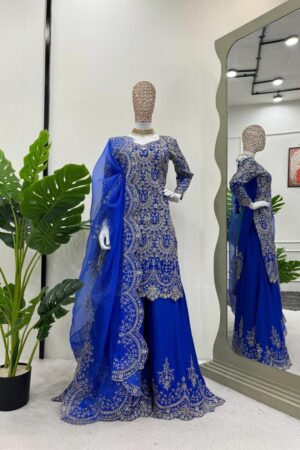 Chinon Silk Embroidered Plazo Set with Organza Cutwork Dupatta