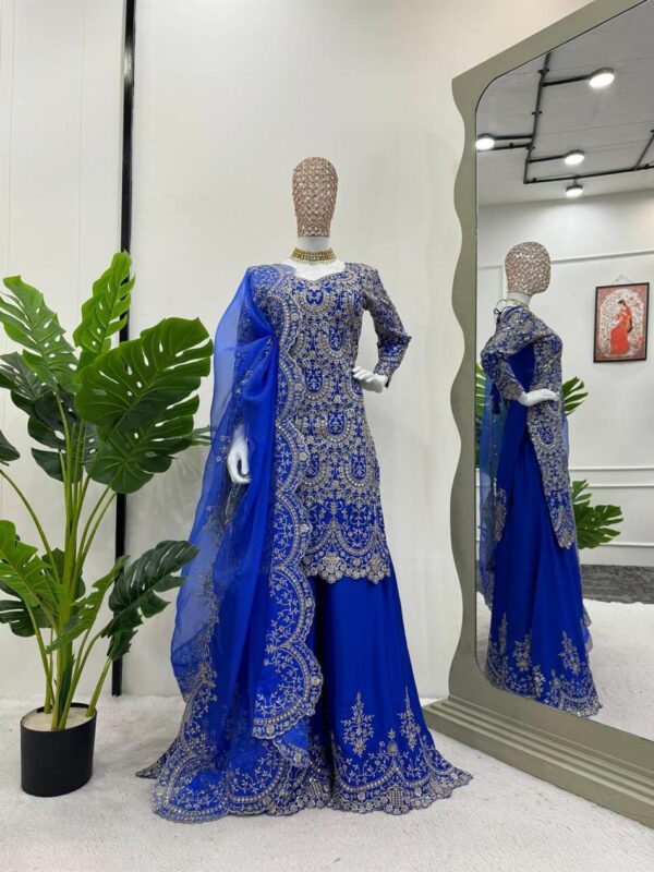 Chinon Silk Embroidered Plazo Set with Organza Cutwork Dupatta