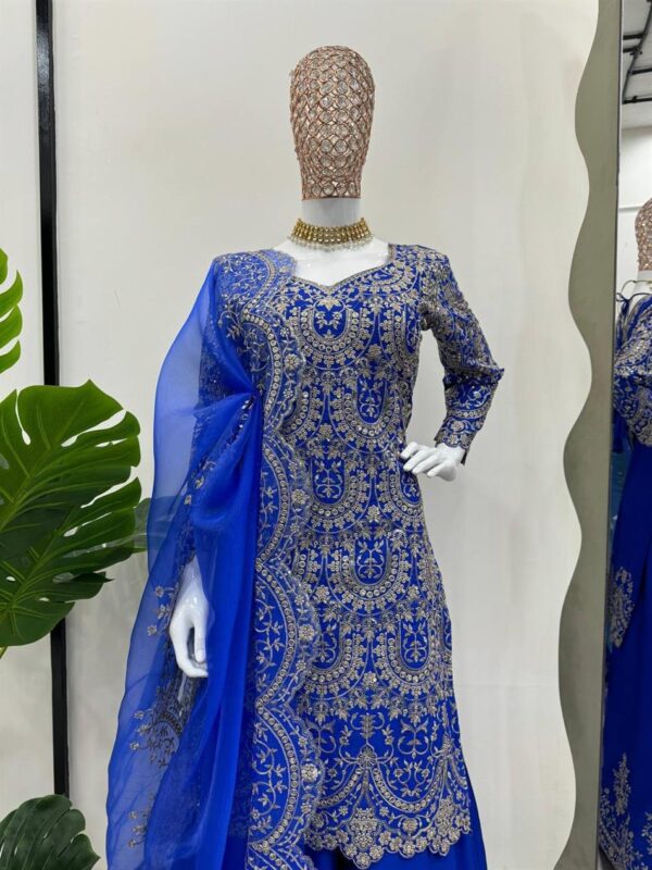 Chinon Silk Embroidered Plazo Set with Organza Cutwork Dupatta - Image 3