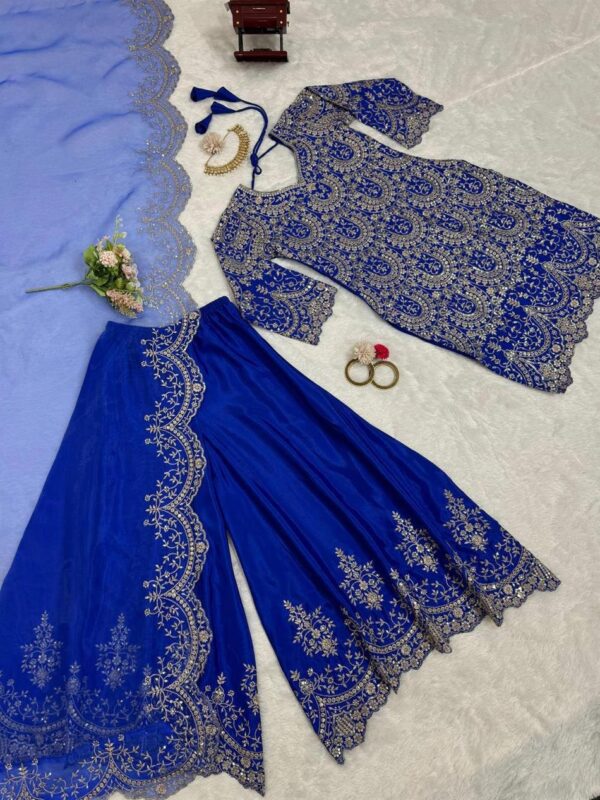 Chinon Silk Embroidered Plazo Set with Organza Cutwork Dupatta - Image 4