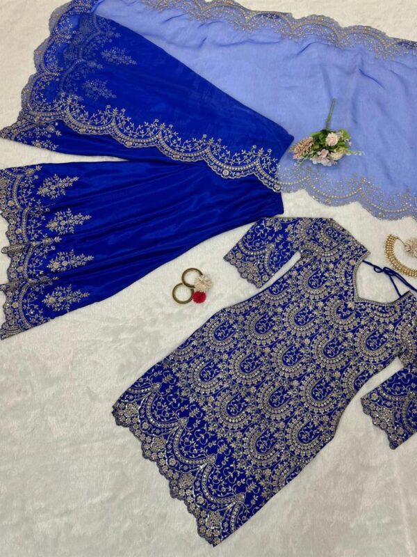 Chinon Silk Embroidered Plazo Set with Organza Cutwork Dupatta - Image 5