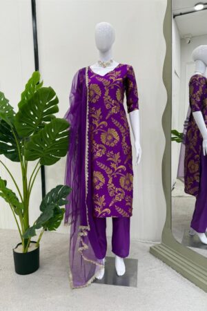 Jacquard Silk Designer Suit with Crepe Pant and Soft Net Dupatta