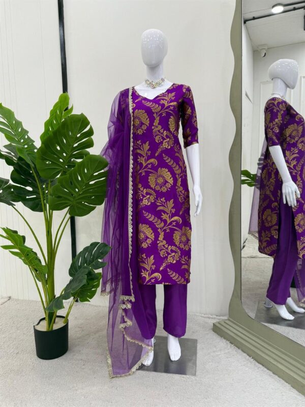 Jacquard Silk Designer Suit with Crepe Pant and Soft Net Dupatta