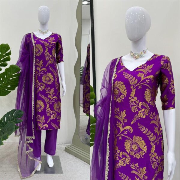 Jacquard Silk Designer Suit with Crepe Pant and Soft Net Dupatta - Image 3
