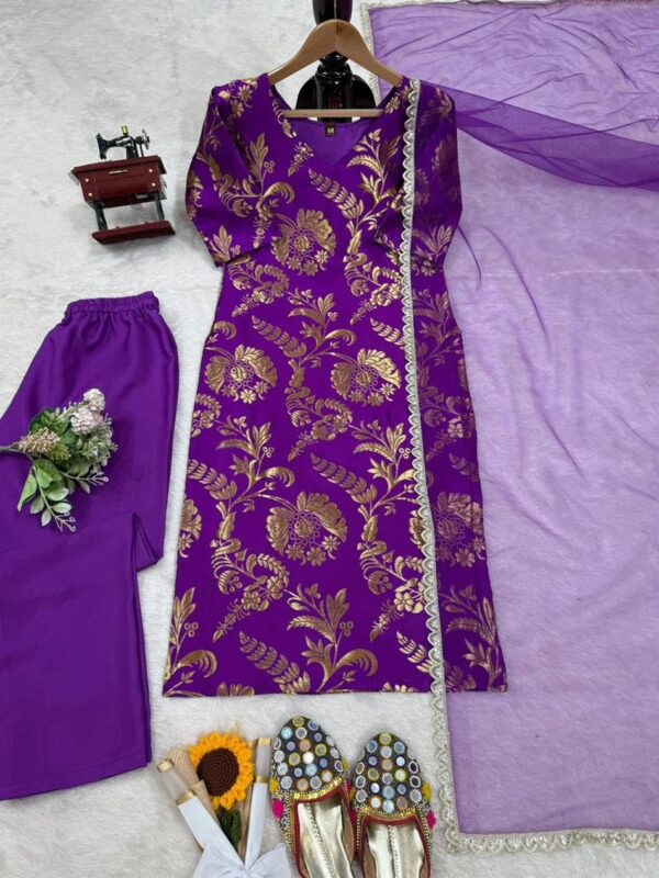 Jacquard Silk Designer Suit with Crepe Pant and Soft Net Dupatta - Image 4