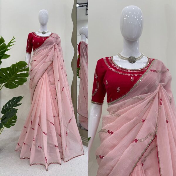 Crunchy Silk Designer Saree with Thread & Sequence Embroidery - Image 3