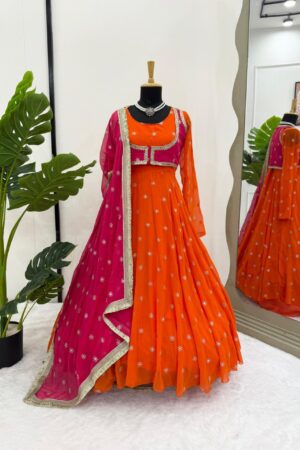 Faux Georgette Anarkali Suit Set with Embroidered Koti and Dupatta