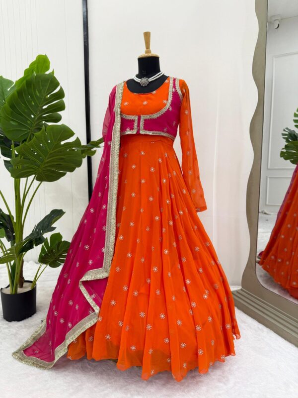 Faux Georgette Anarkali Suit Set with Embroidered Koti and Dupatta - Image 2