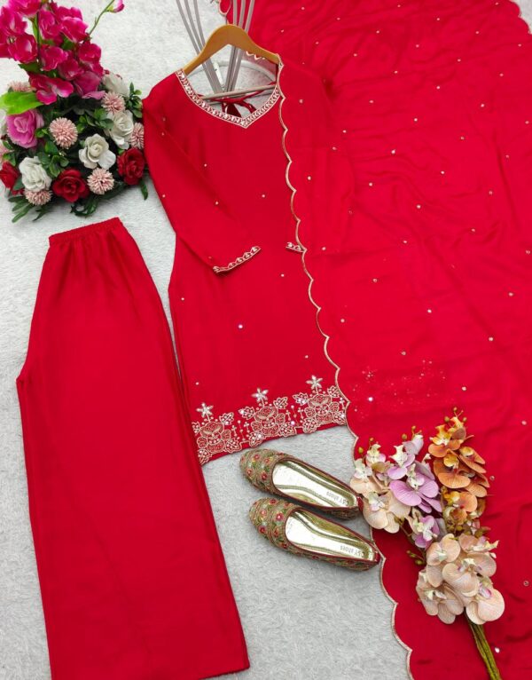 Cinon Silk Embroidered Top-Plazzo Set with Dupatta - Image 3