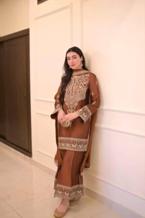 Natural Crepe Chinestitch Embroidered Plazo Set with Lace Border Dupatta