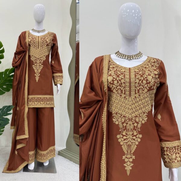 Natural Crepe Chinestitch Embroidered Plazo Set with Lace Border Dupatta - Image 3