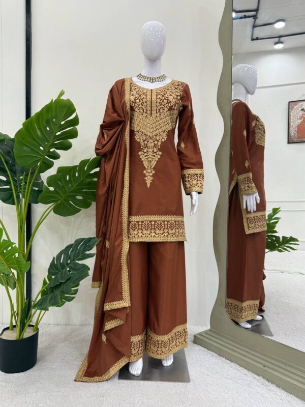 Natural Crepe Chinestitch Embroidered Plazo Set with Lace Border Dupatta - Image 4