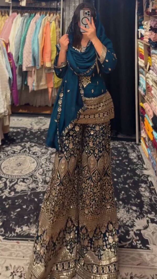 Chinon Silk Embroidered Suit with Plazoo & Dupatta - Image 3