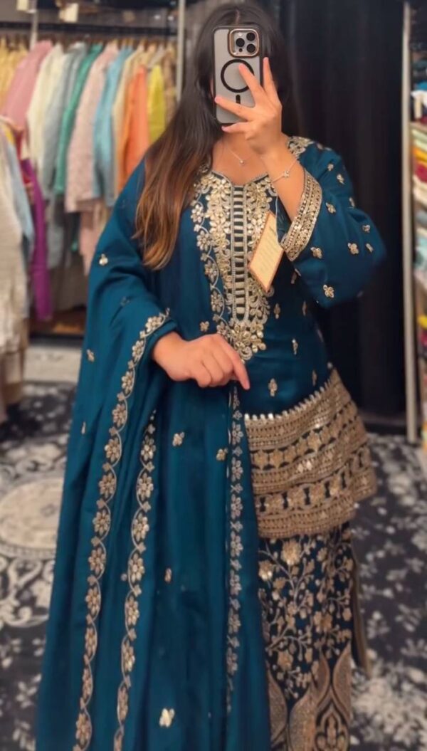 Chinon Silk Embroidered Suit with Plazoo & Dupatta - Image 5