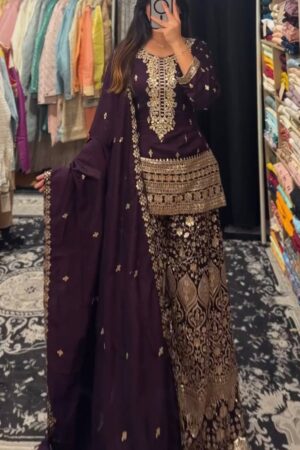 Chinon Silk Embroidered Suit with Plazoo & Dupatta