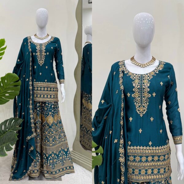 Chinon Silk Embroidered Suit with Plazoo & Dupatta - Image 2