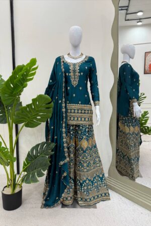 Chinon Silk Embroidered Suit with Plazoo & Dupatta