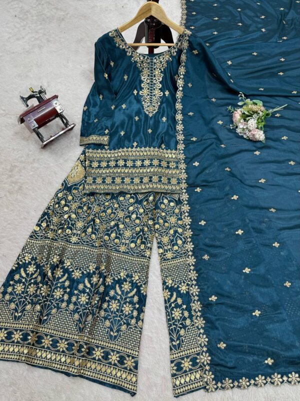 Chinon Silk Embroidered Suit with Plazoo & Dupatta - Image 4