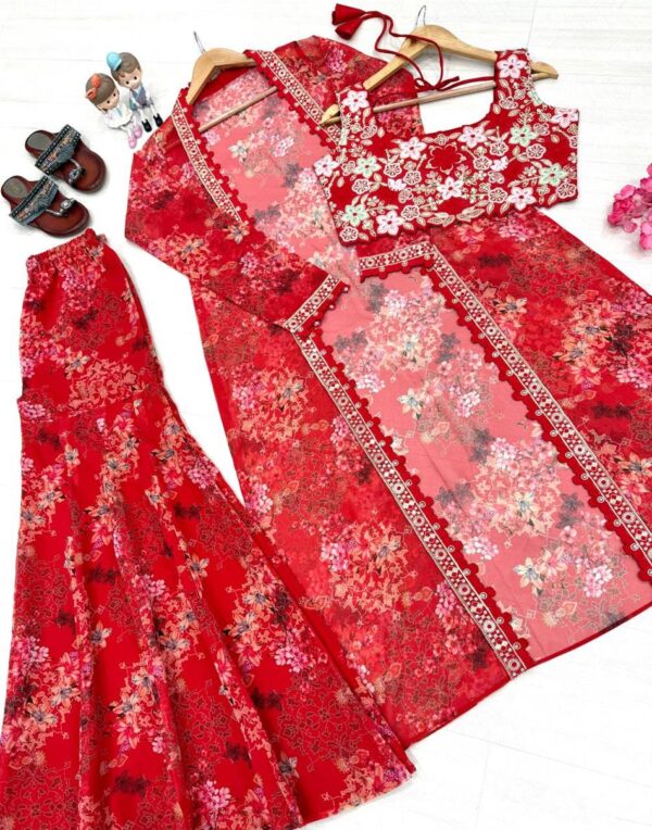 Bollywood Style Indo-Western Embroidered Koti Plazo & Blouse Set - Image 4