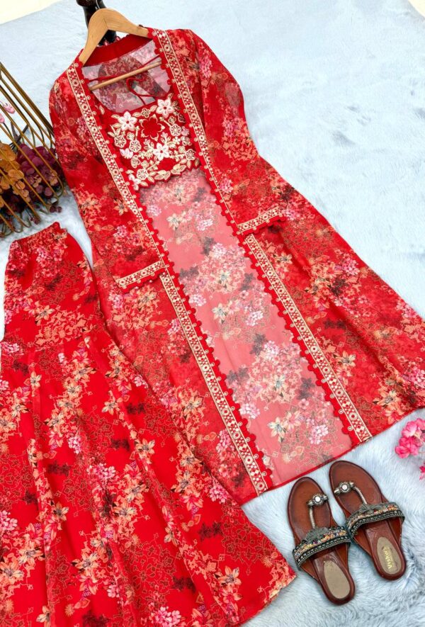 Bollywood Style Indo-Western Embroidered Koti Plazo & Blouse Set - Image 5