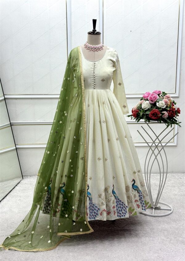 Dola Silk Embroidered Gown with Pants & Soft Net Dupatta