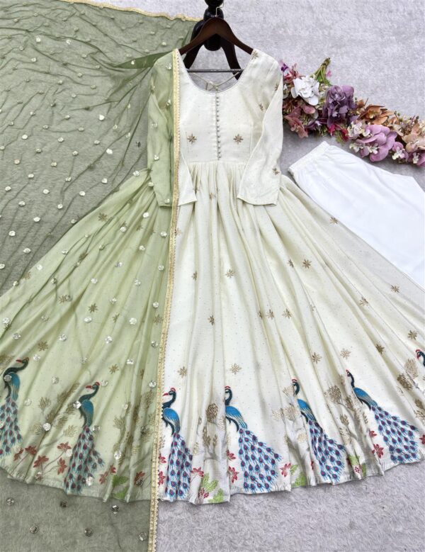 Dola Silk Embroidered Gown with Pants & Soft Net Dupatta - Image 4