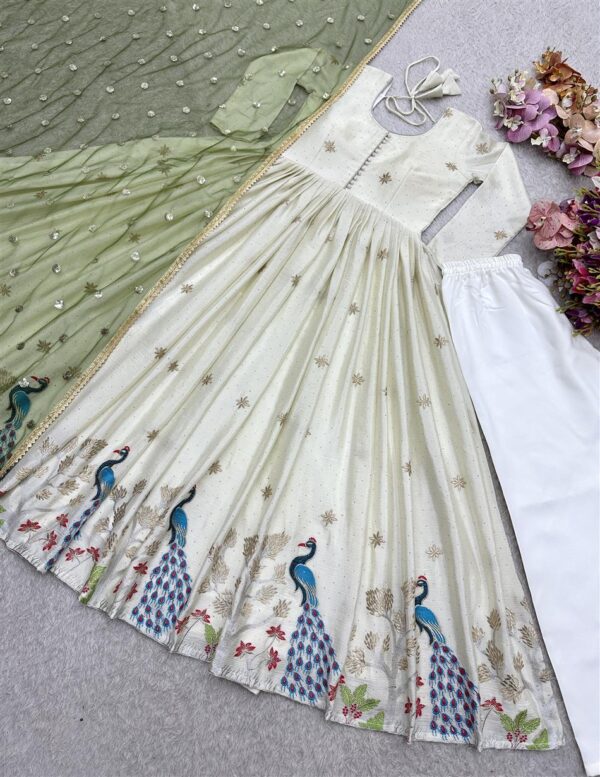 Dola Silk Embroidered Gown with Pants & Soft Net Dupatta - Image 5