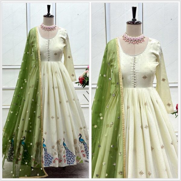 Dola Silk Embroidered Gown with Pants & Soft Net Dupatta - Image 2