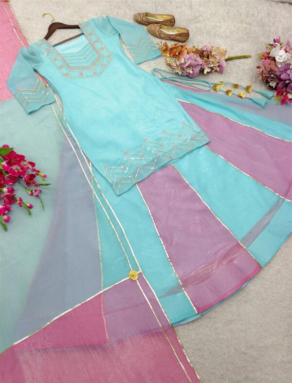 Designer Pure Curancy Silk Embroidered Top with Lehenga & Dupatta Set - Image 5