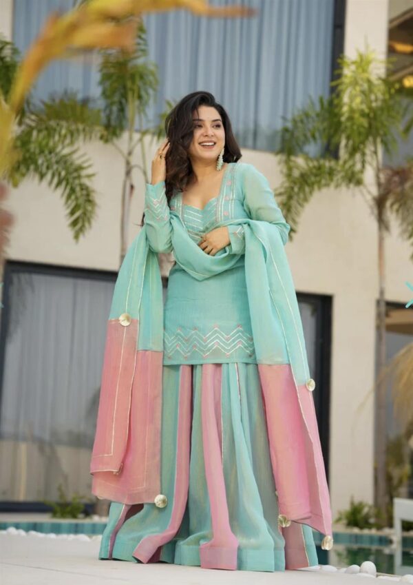 Designer Pure Curancy Silk Embroidered Top with Lehenga & Dupatta Set - Image 2