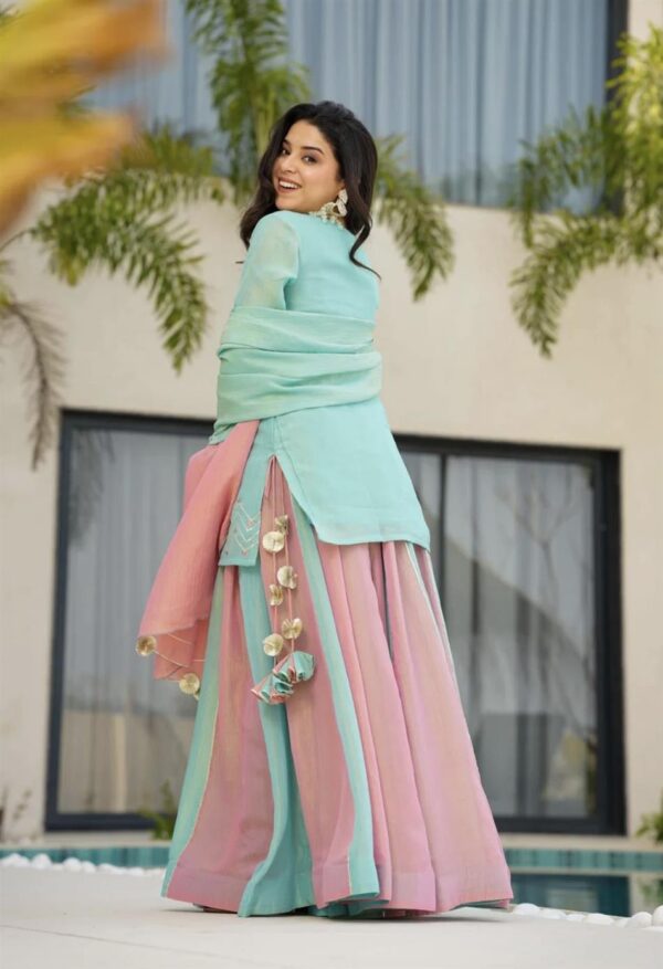 Designer Pure Curancy Silk Embroidered Top with Lehenga & Dupatta Set - Image 3