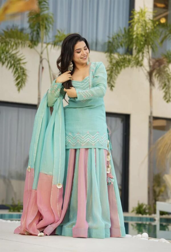 Designer Pure Curancy Silk Embroidered Top with Lehenga & Dupatta Set - Image 4