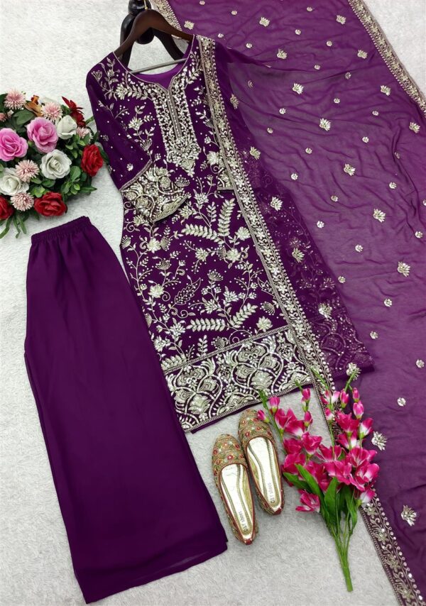Designer Heavy Fox Georgette Embroidered Top with Palazzo & Dupatta Set - Image 5