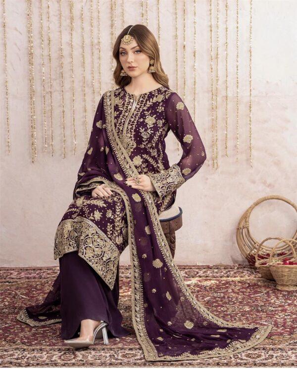 Designer Heavy Fox Georgette Embroidered Top with Palazzo & Dupatta Set - Image 4