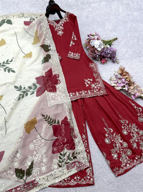 Designer Heavy Chinon Silk Embroidered Top with Sharara & Dupatta Set - Image 3