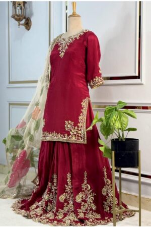Designer Heavy Chinon Silk Embroidered Top with Sharara & Dupatta Set
