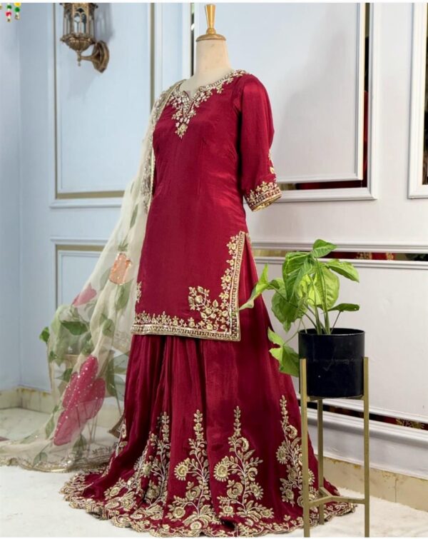 Designer Heavy Chinon Silk Embroidered Top with Sharara & Dupatta Set