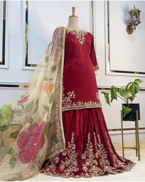 Designer Heavy Chinon Silk Embroidered Top with Sharara & Dupatta Set - Image 2