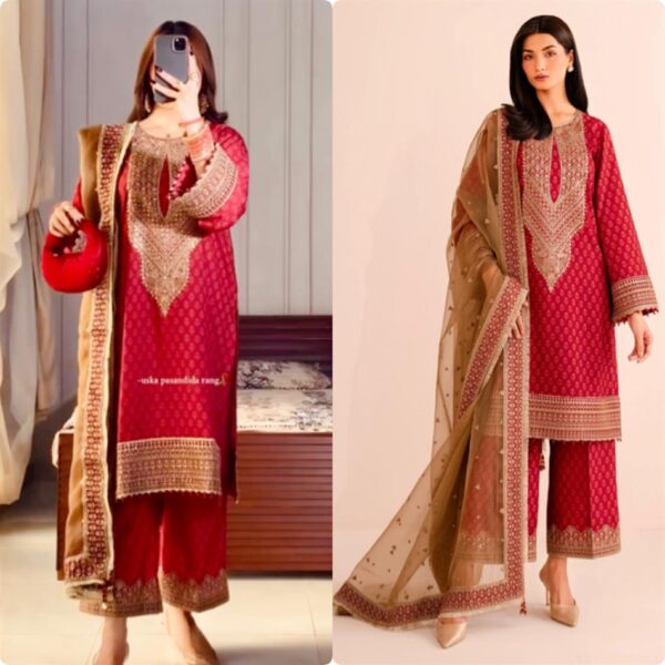 Chinon Silk Printed & Embroidered Palazzo Set with Dupatta - Image 2