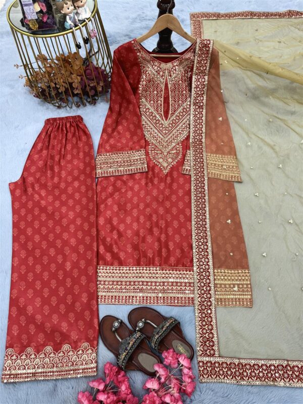 Chinon Silk Printed & Embroidered Palazzo Set with Dupatta - Image 5
