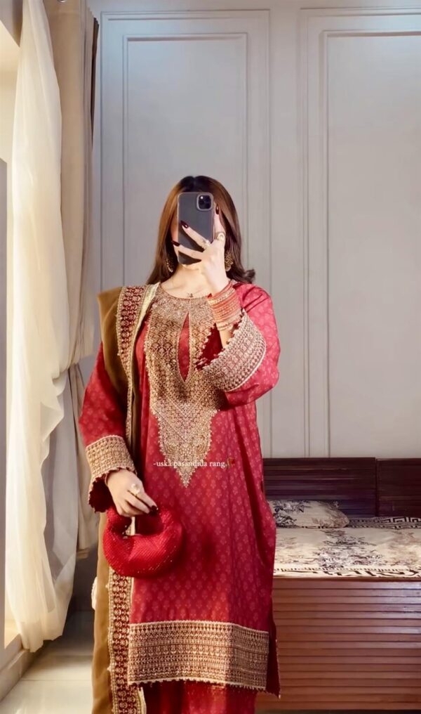 Chinon Silk Printed & Embroidered Palazzo Set with Dupatta - Image 3