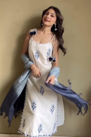 Kora Khadi Cotton Spaghetti Top & Pant Set with Leheriya Dupatta