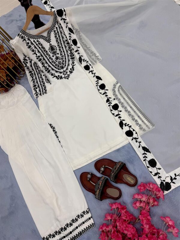 Designer Pure Natural Crepe Top & Farshi Palazzo with Organza Dupatta - Image 5