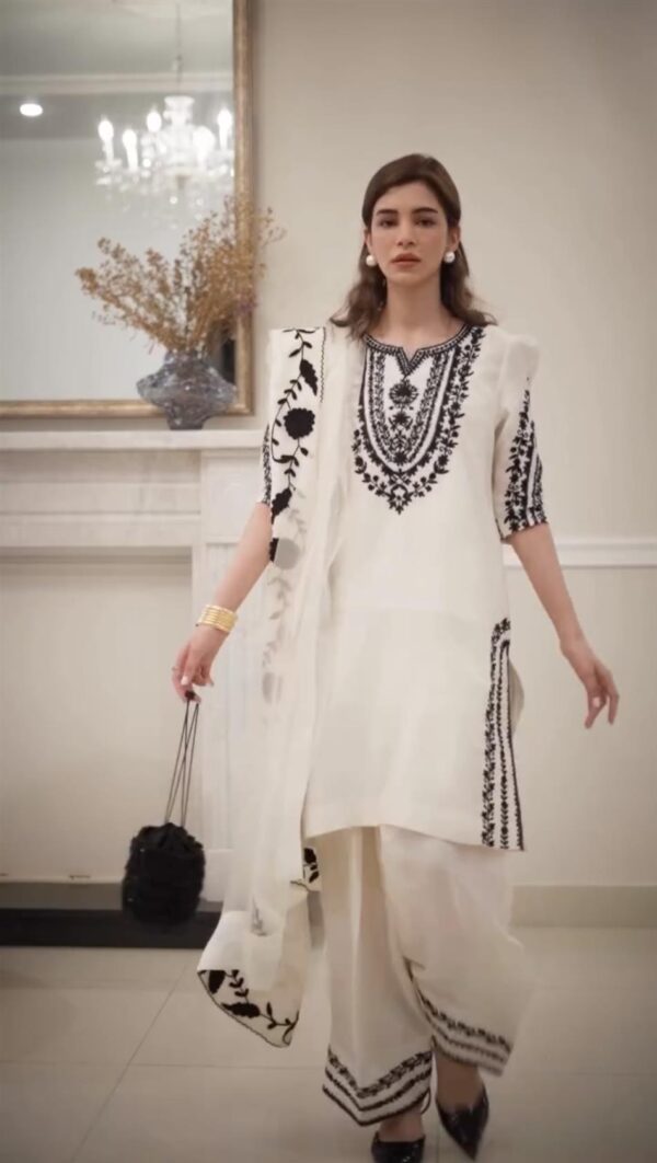 Designer Pure Natural Crepe Top & Farshi Palazzo with Organza Dupatta - Image 3
