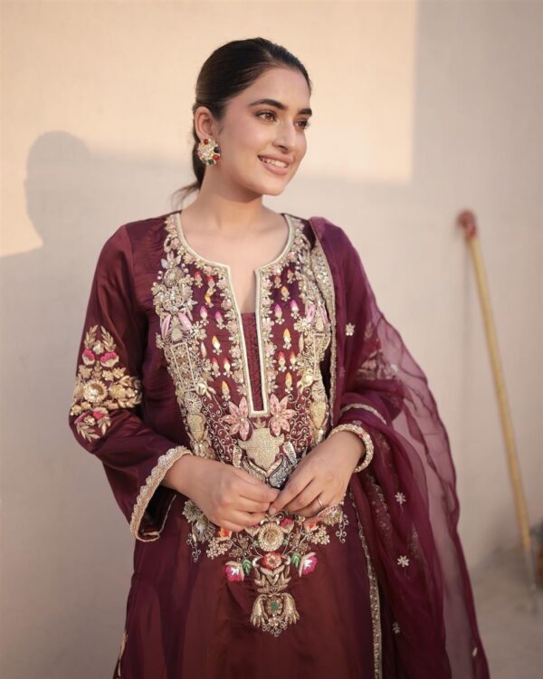Designer Satin Silk Embroidered Top & Palazzo with Organza Dupatta - Image 2